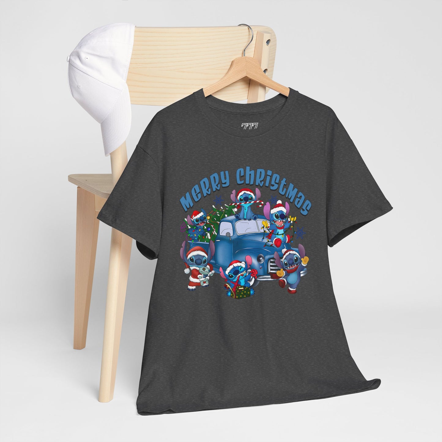 Merry Christmas Unisex Heavy Cotton T-Shirt – Blue Christmas Truck & Cute Holiday Characters Tee
