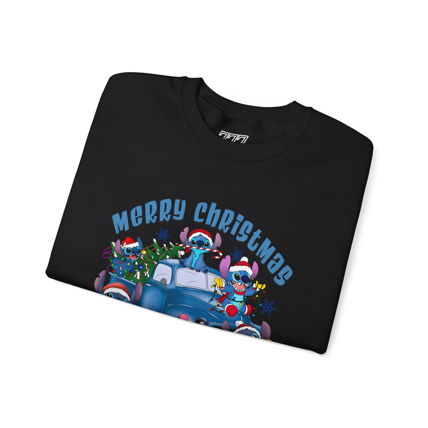 Merry Christmas Unisex Heavy Blend Crewneck Sweatshirt – Blue Christmas Truck & Cute Holiday Characters Sweater