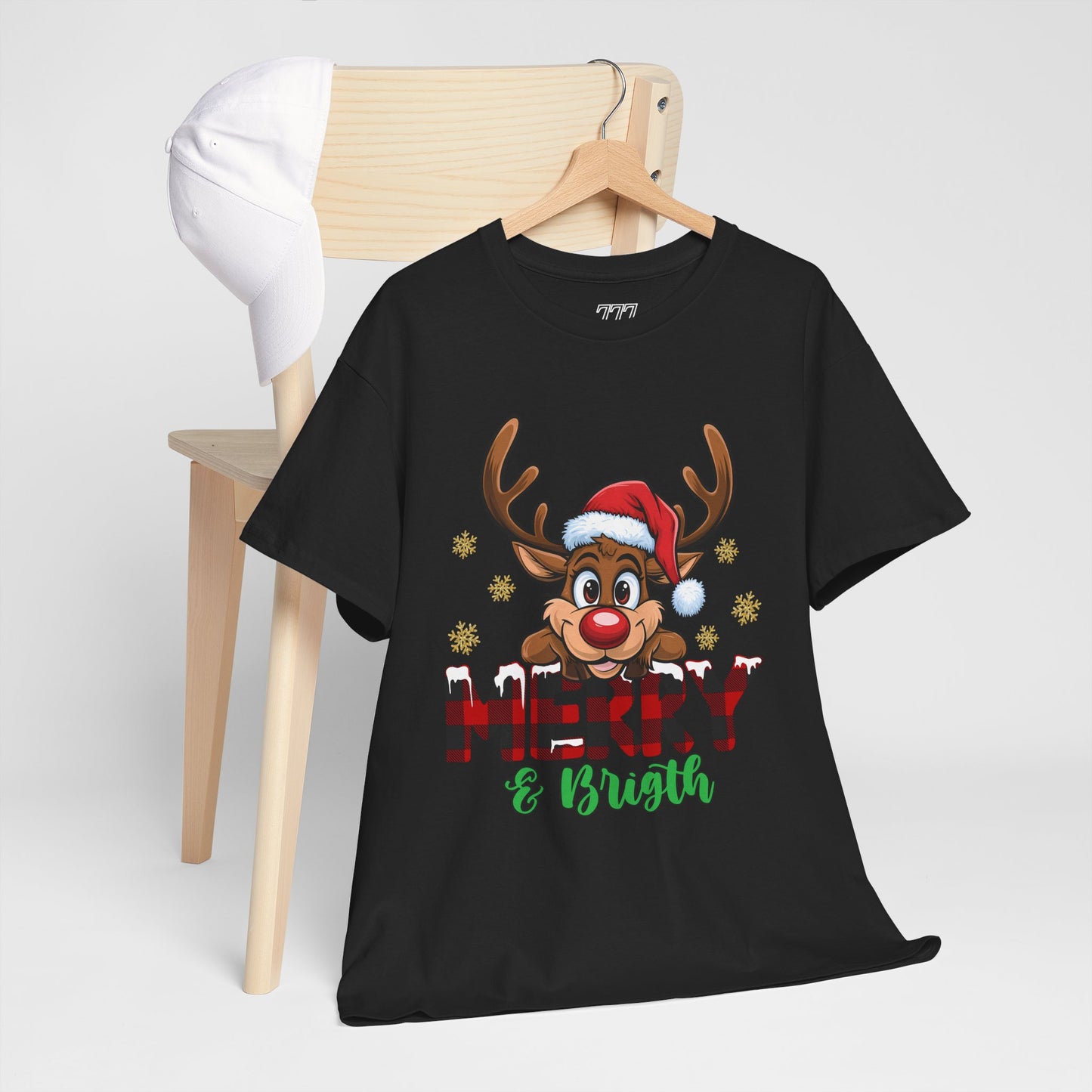 Merry & Bright Unisex Heavy Cotton T-Shirt – Cute Christmas Reindeer Holiday Tee