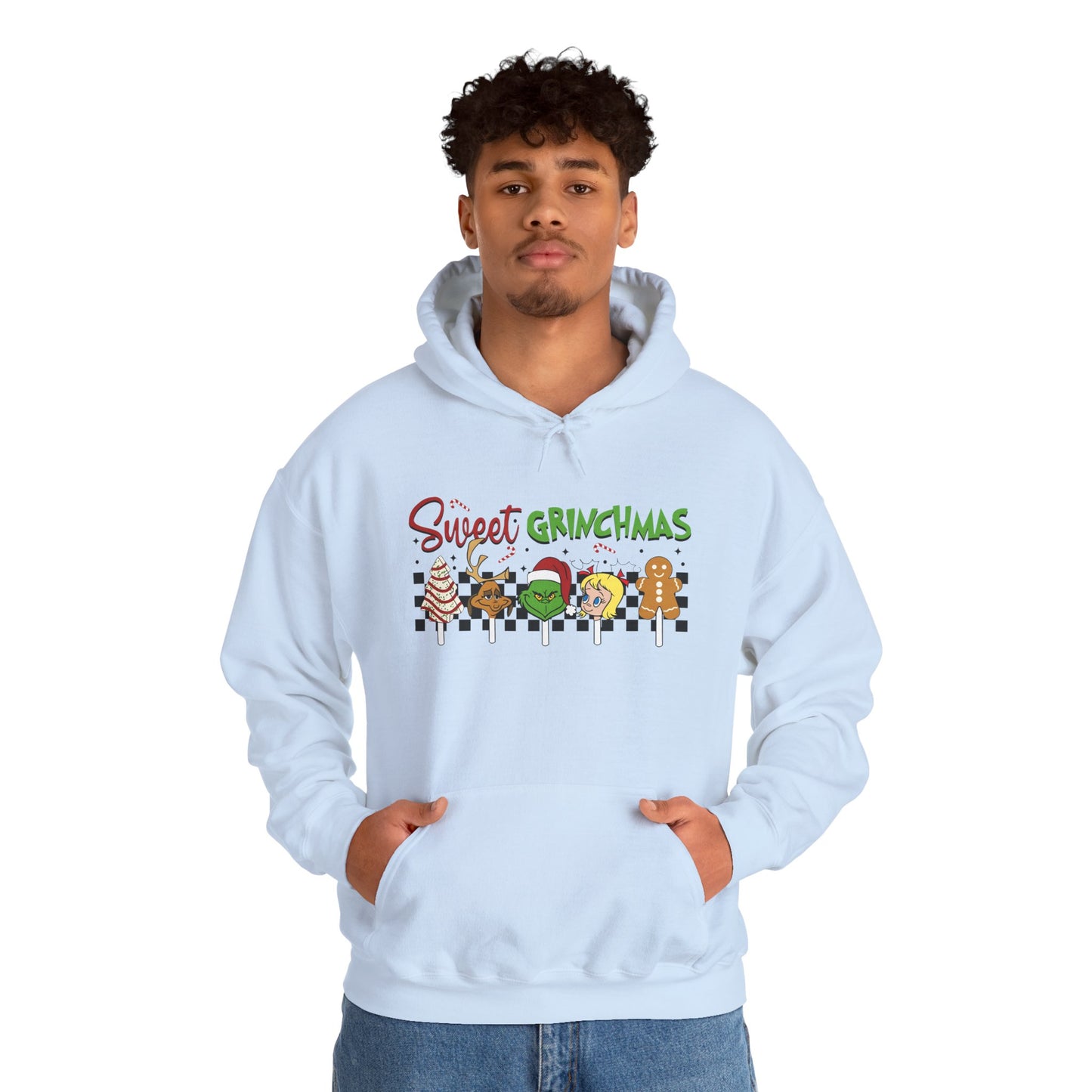 Sweet Grinchmas Candy Characters Funny Christmas Hoodie – Cute Holiday Treats Grinch-Inspired Unisex Heavy Blend Hooded Sweatshirt