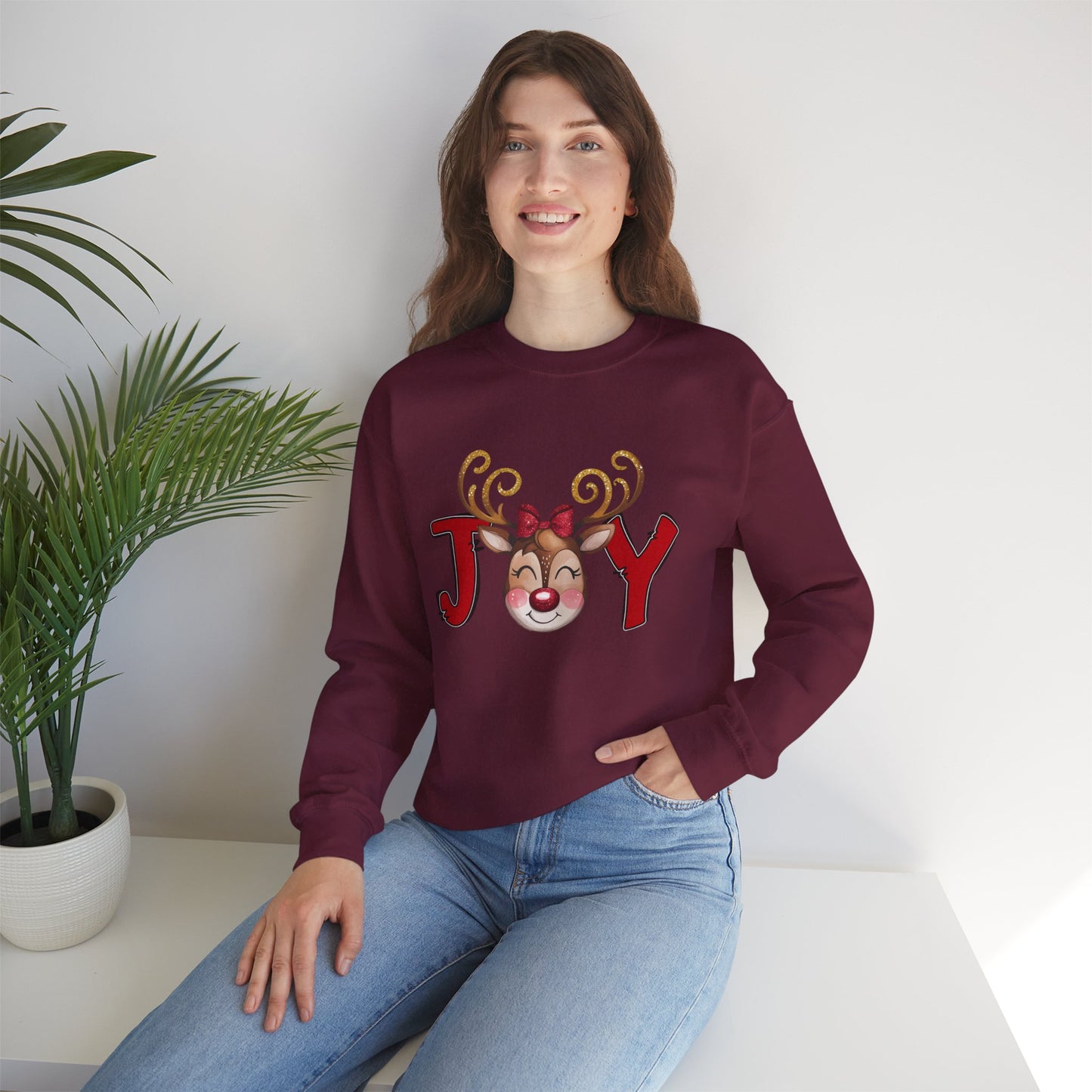 Reindeer Joy Women’s Christmas Crewneck Sweatshirt – Cute Holiday Reindeer Heavy Blend Sweater