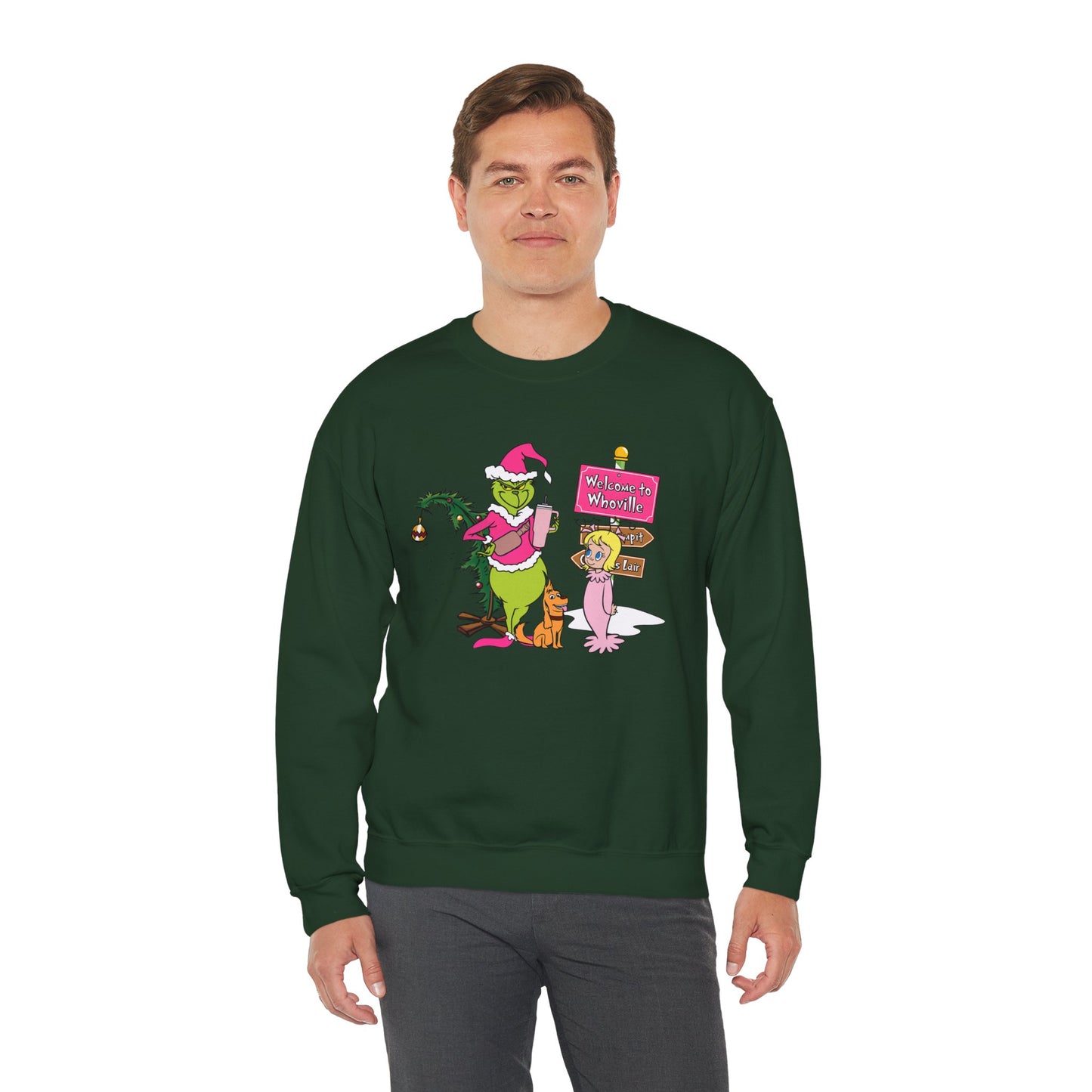 Welcome to Merryville Christmas Crewneck – Cute Green Creature & Winter Village Sweatshirt (Unisex)