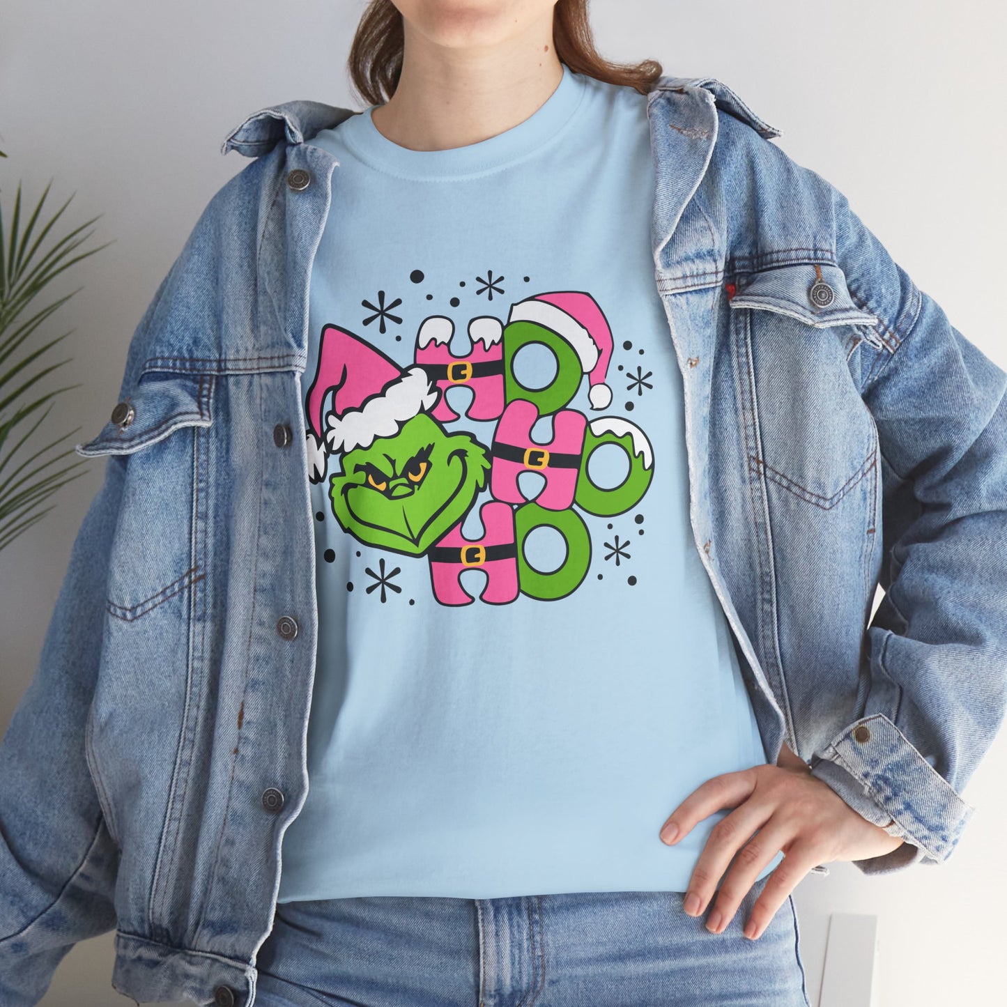 HO HO HO Funny Christmas Grinch-Inspired Holiday Tee – Cute Pink Santa Unisex Heavy Cotton T-Shirt