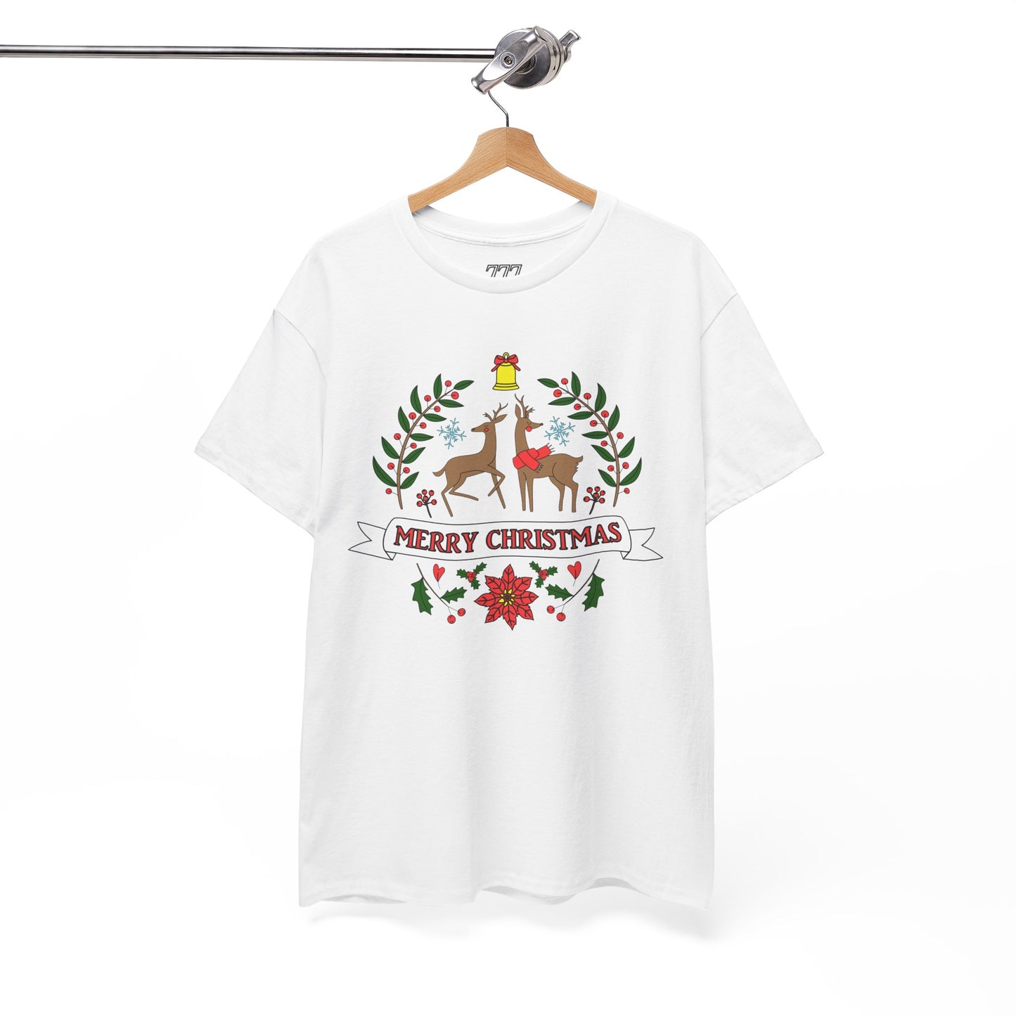 Merry Christmas Reindeer T-Shirt – Classic Holiday Laurel & Poinsettia Tee (Unisex)