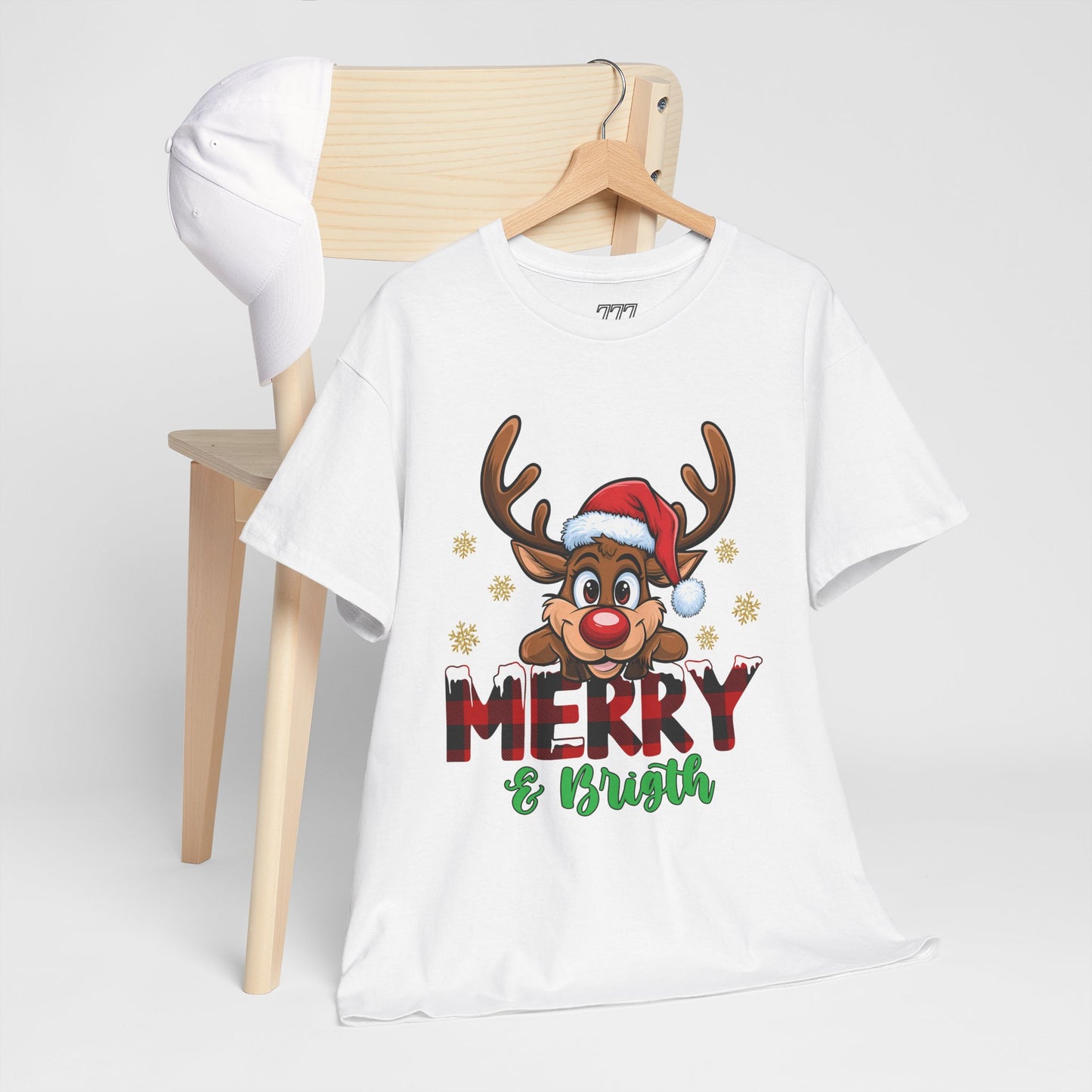 Merry & Bright Unisex Heavy Cotton T-Shirt – Cute Christmas Reindeer Holiday Tee