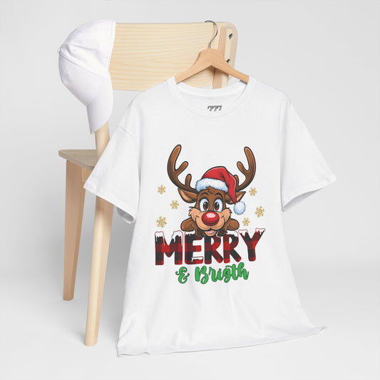 Merry & Bright Unisex Heavy Cotton T-Shirt – Cute Christmas Reindeer Holiday Tee