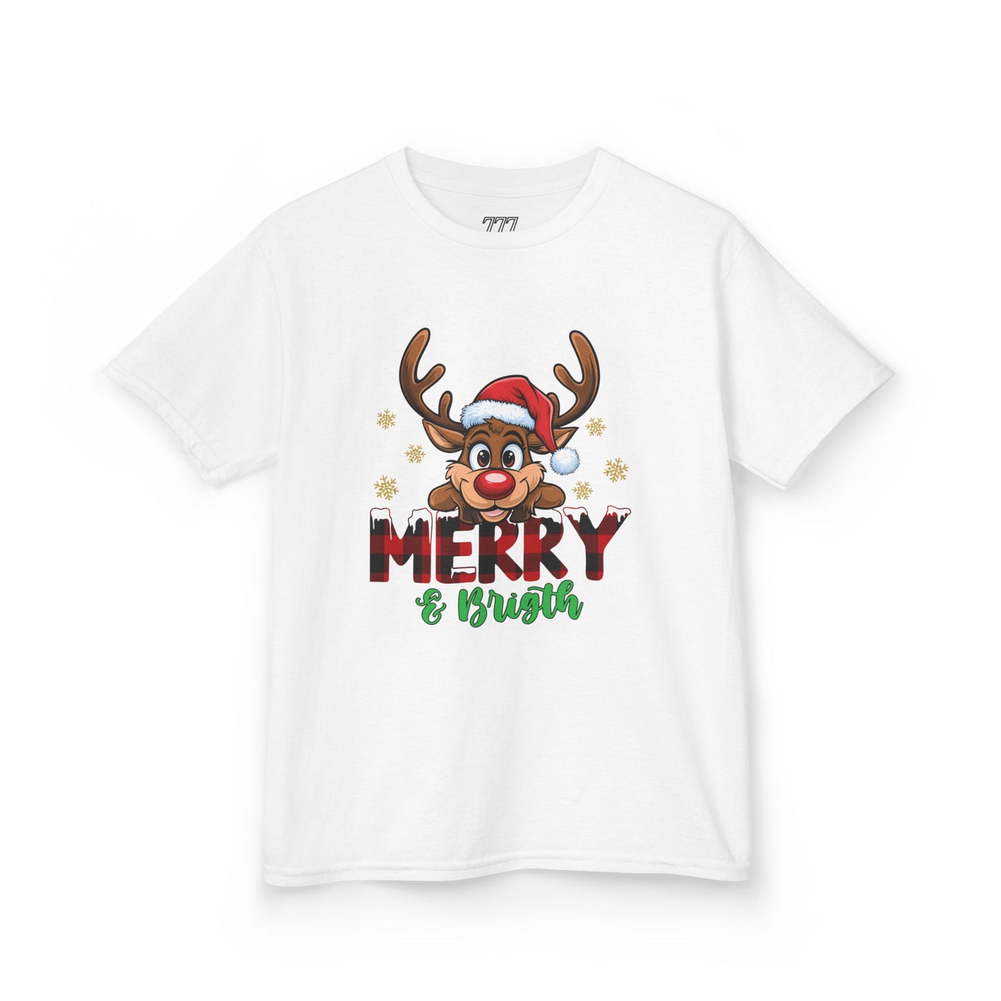 Merry & Bright Kids Christmas T-Shirt – Cute Reindeer Holiday Heavy Cotton Tee