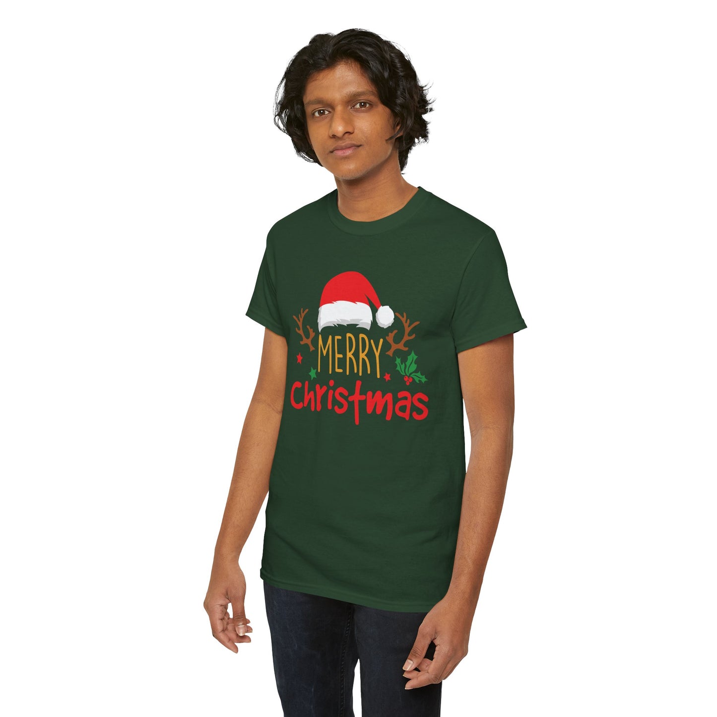 Merry Christmas Reindeer Unisex T-Shirt – Santa Hat Holiday Graphic Tee, Festive Xmas Shirt