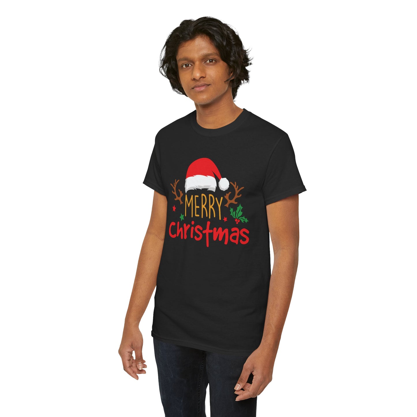 Merry Christmas Reindeer Unisex T-Shirt – Santa Hat Holiday Graphic Tee, Festive Xmas Shirt