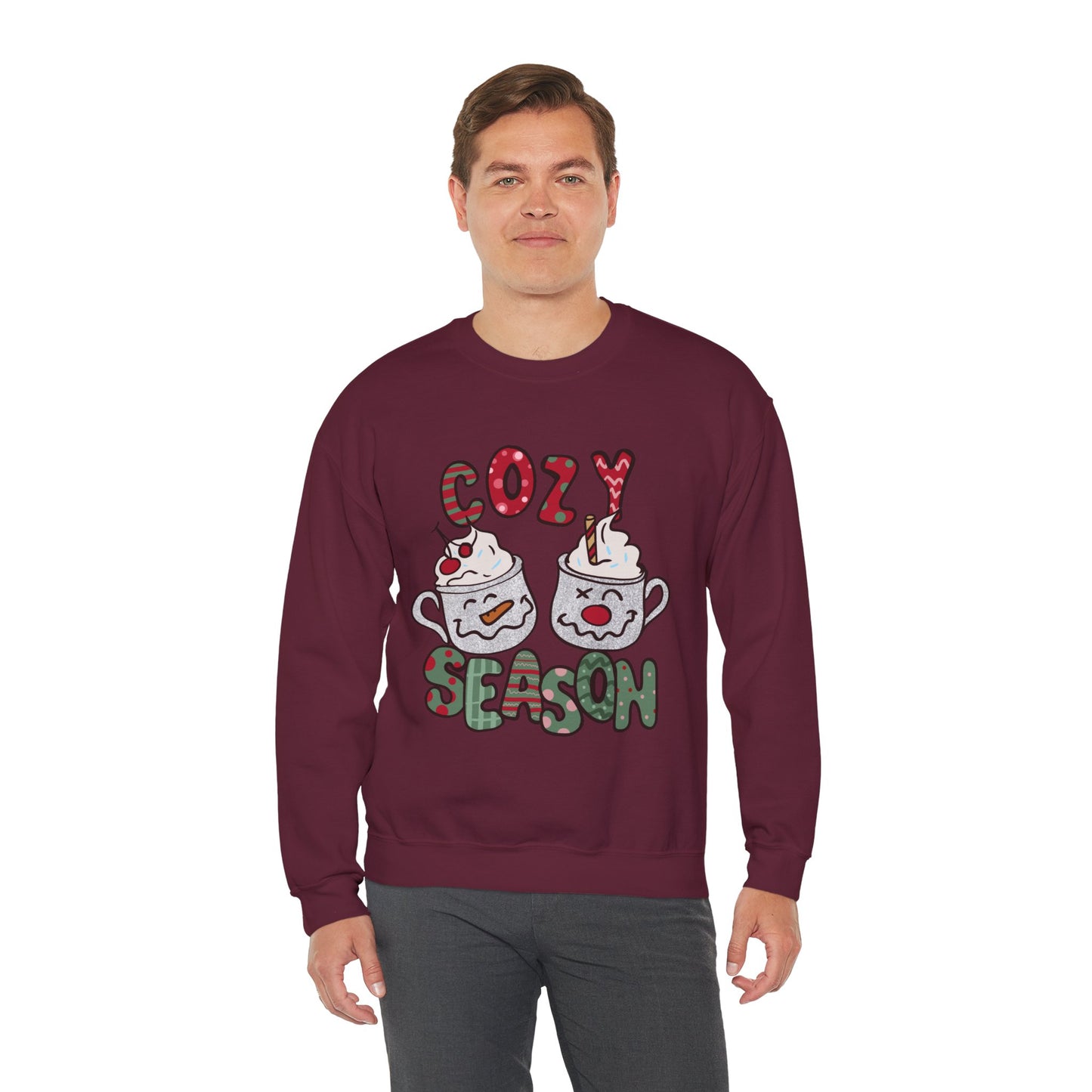 Cozy Season Christmas Unisex Heavy Blend Crewneck Sweatshirt – Cute Holiday Hot Cocoa Sweater