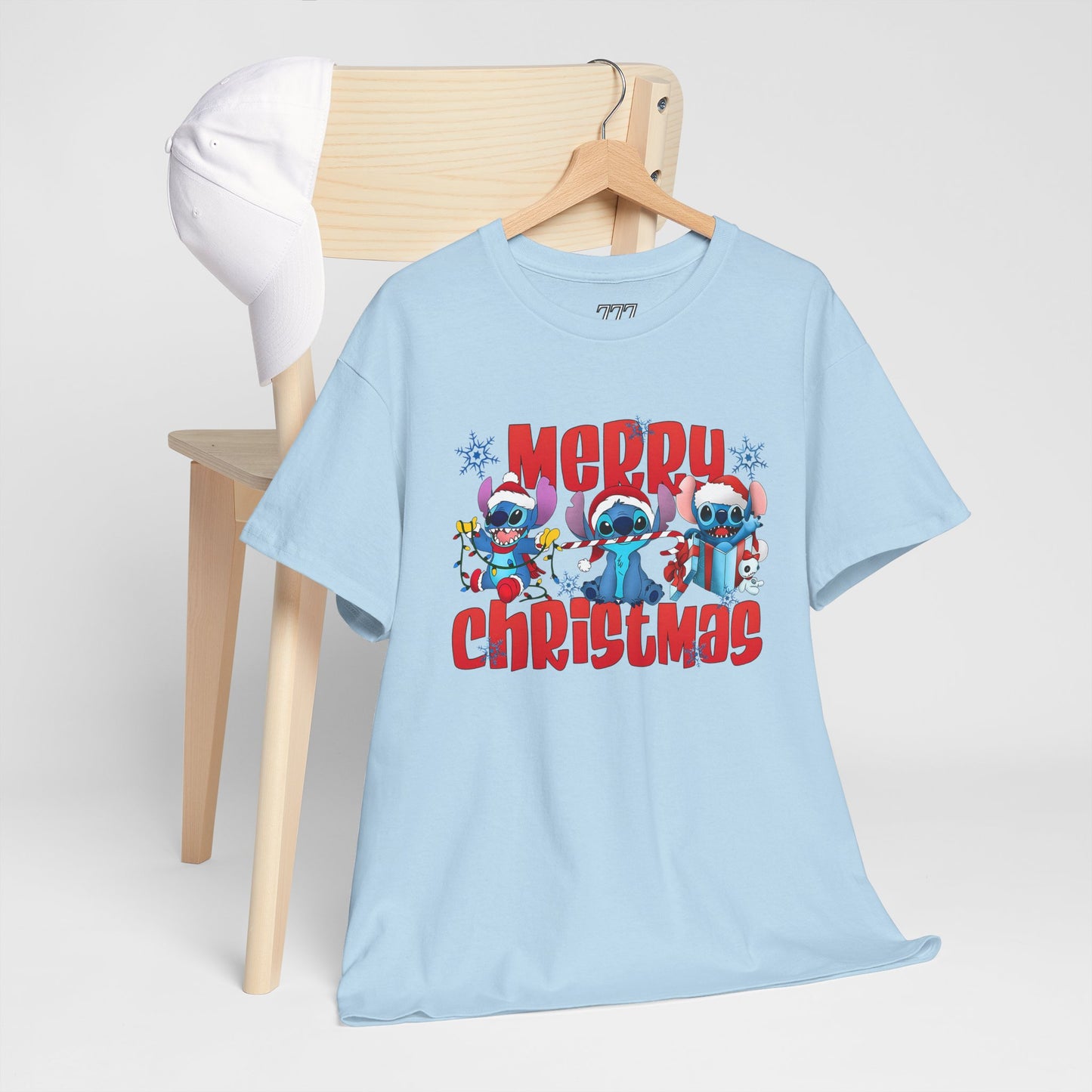 Merry Christmas Unisex Heavy Cotton T-Shirt – Cute Blue Holiday Characters Christmas Tee