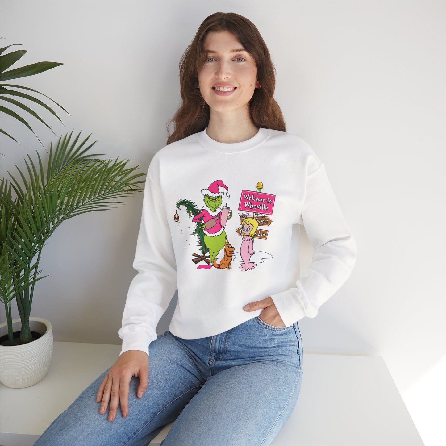 Welcome to Merryville Christmas Crewneck – Cute Green Creature & Winter Village Sweatshirt (Unisex)