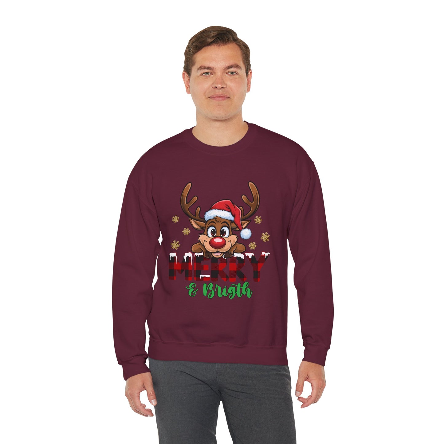 Merry & Bright Unisex Heavy Blend Crewneck Sweatshirt – Cute Christmas Reindeer Holiday Sweater
