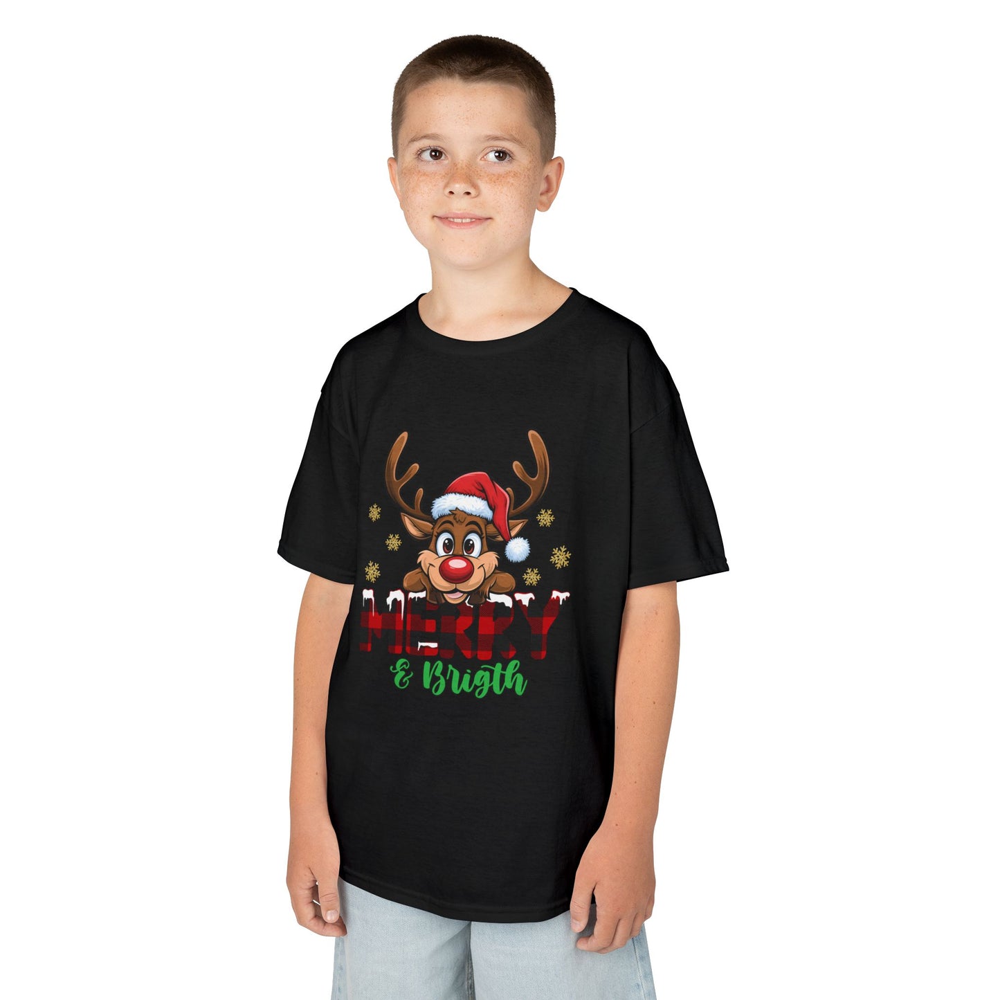 Merry & Bright Kids Christmas T-Shirt – Cute Reindeer Holiday Heavy Cotton Tee