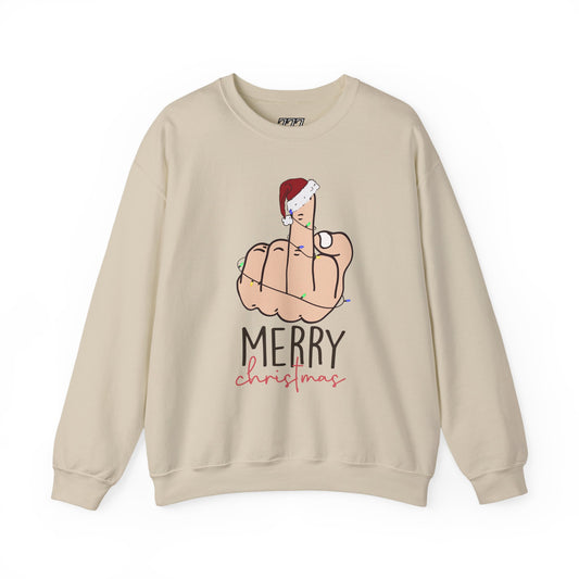 Merry Christmas Middle Finger Funny Adult Holiday Sweatshirt – Sarcastic Santa Joke Unisex Heavy Blend Crewneck