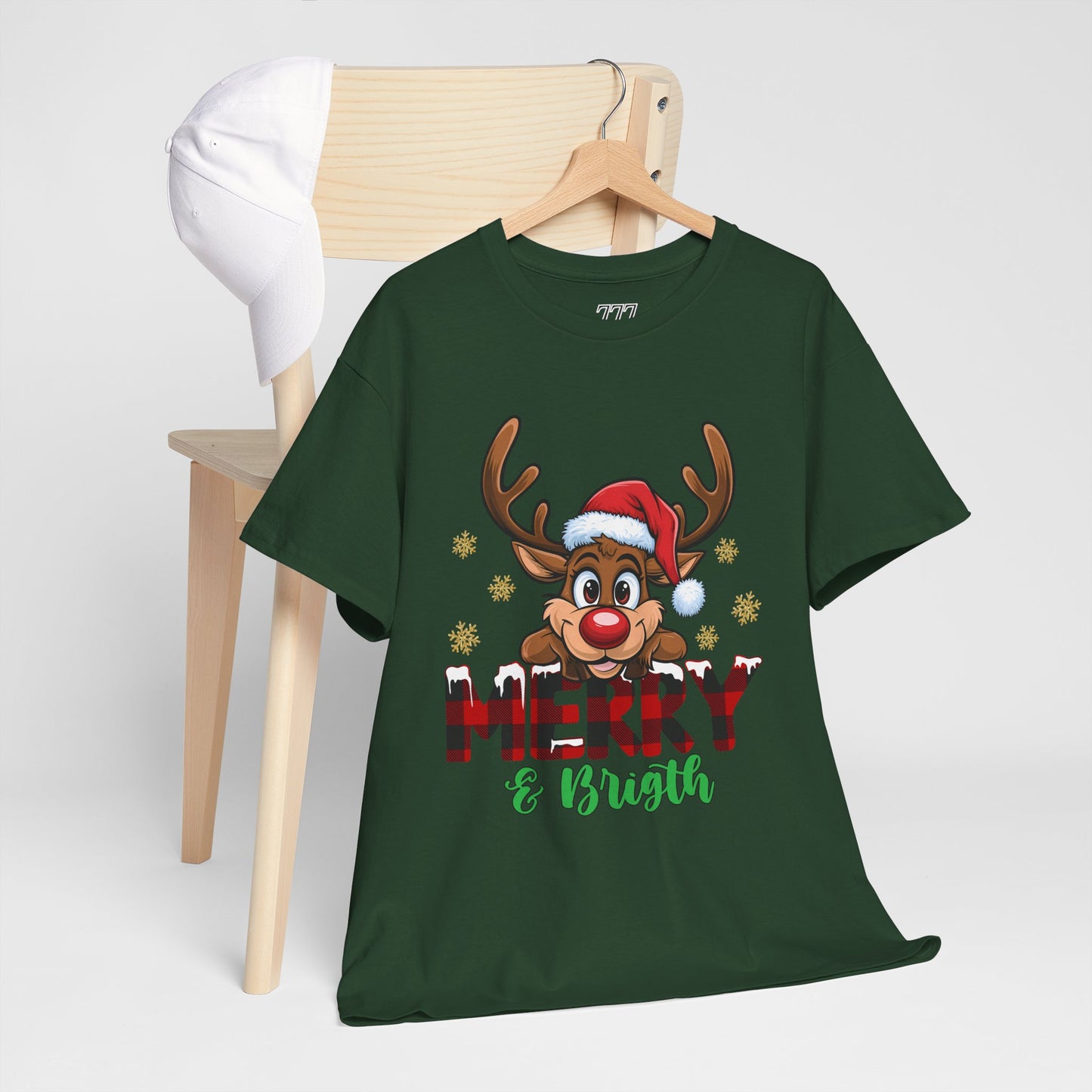 Merry & Bright Unisex Heavy Cotton T-Shirt – Cute Christmas Reindeer Holiday Tee