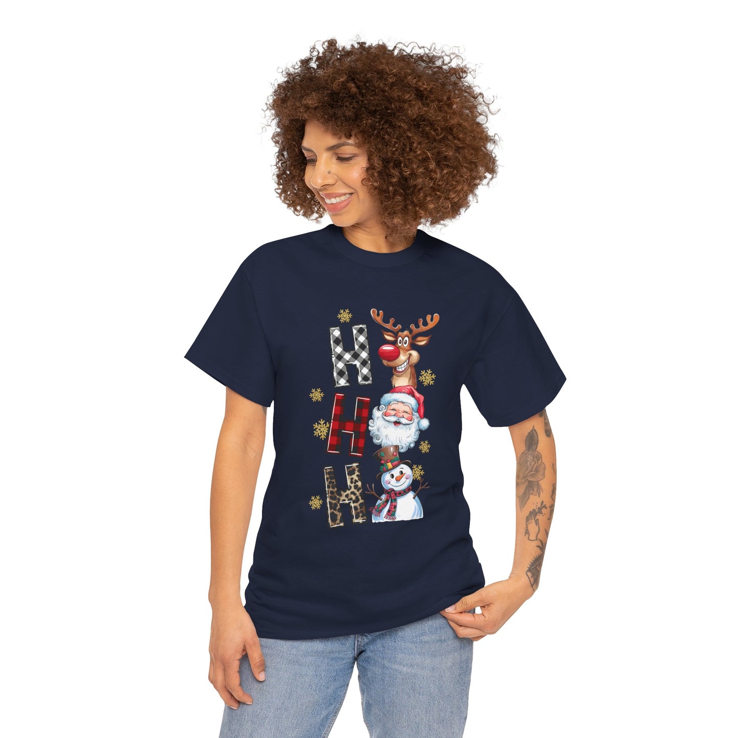 HO HO HO Christmas Unisex Heavy Cotton T-Shirt – Santa, Reindeer & Snowman Holiday Tee