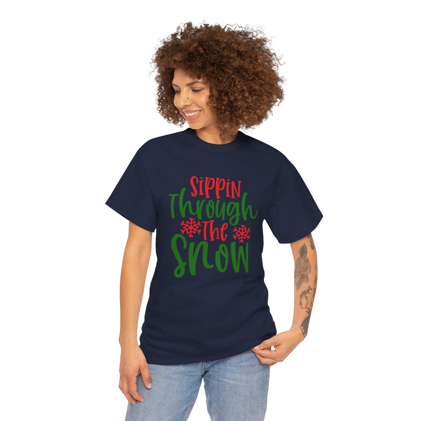 Sippin’ Through The Snow T-Shirt – Festive Holiday Beverage Unisex Heavy Cotton Tee