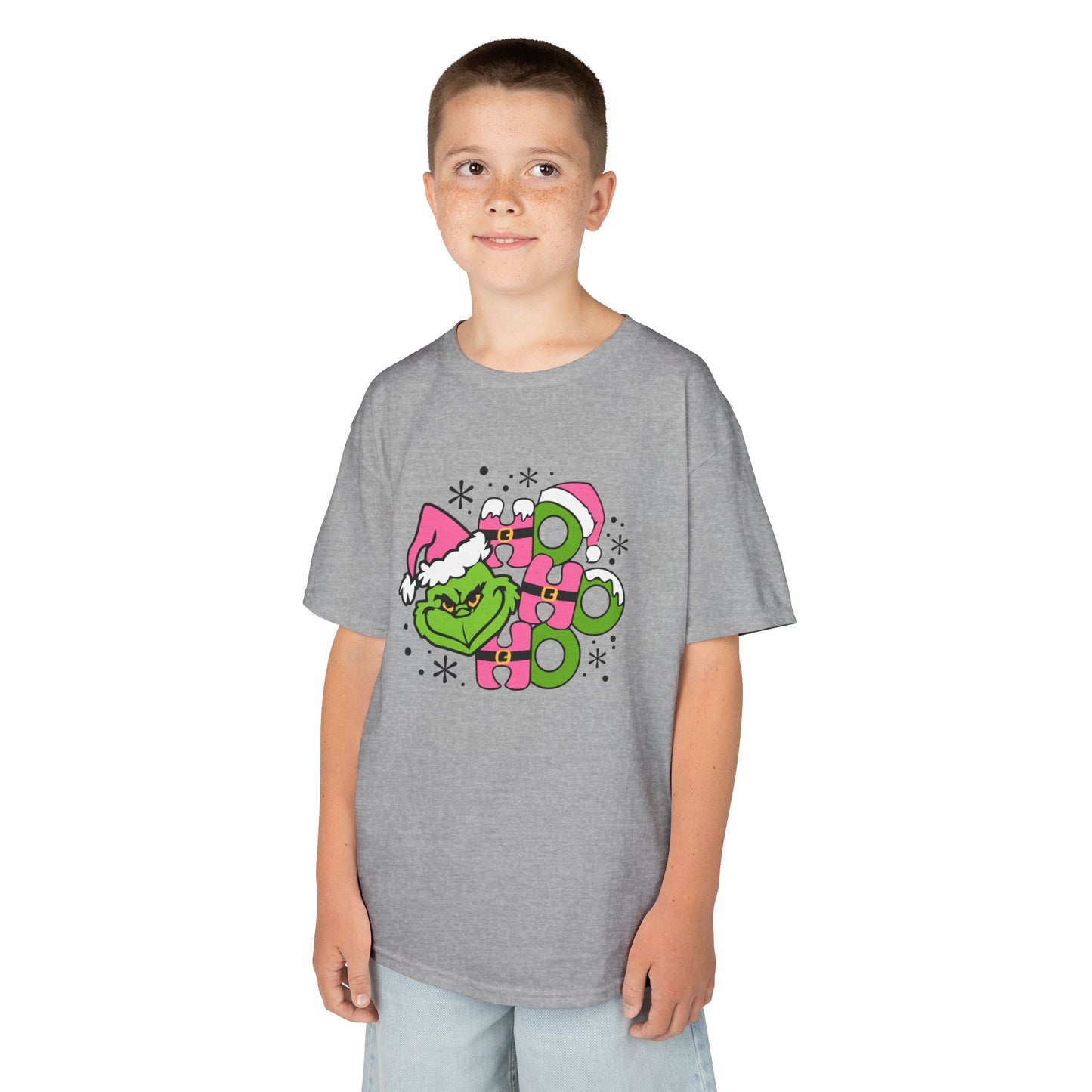 HO HO HO Cute Christmas Grinch-Inspired Kids Holiday T-Shirt – Pink Santa Festive Kids Heavy Cotton Tee