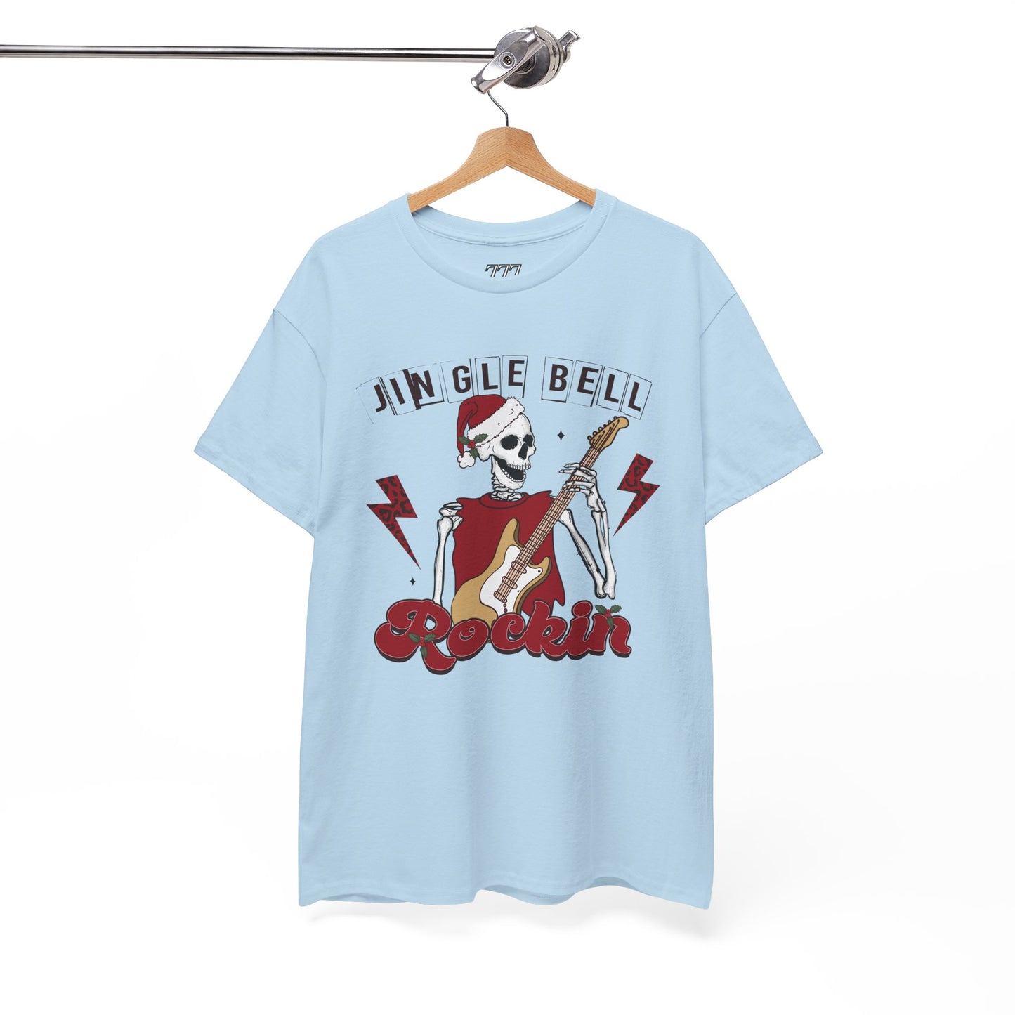 Jingle Bell Rockin’ Skeleton Christmas Rock Music Holiday Tee – Retro Guitar Santa Unisex Heavy Cotton T-Shirt