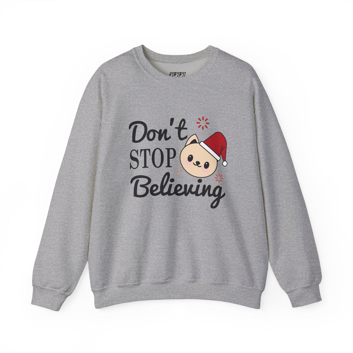 Don’t Stop Believing Christmas Crewneck – Cute Santa Cat Holiday Sweatshirt (Unisex)