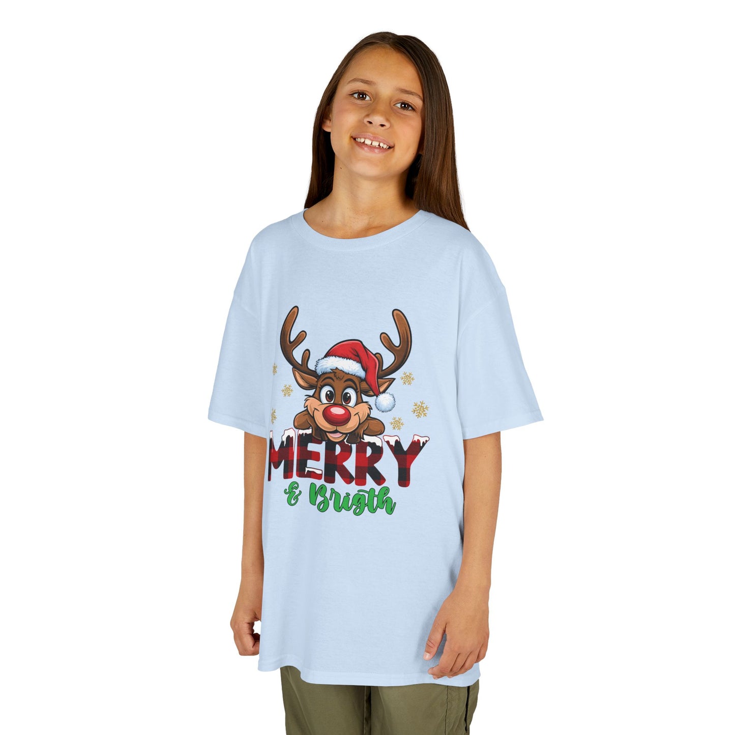 Merry & Bright Kids Christmas T-Shirt – Cute Reindeer Holiday Heavy Cotton Tee