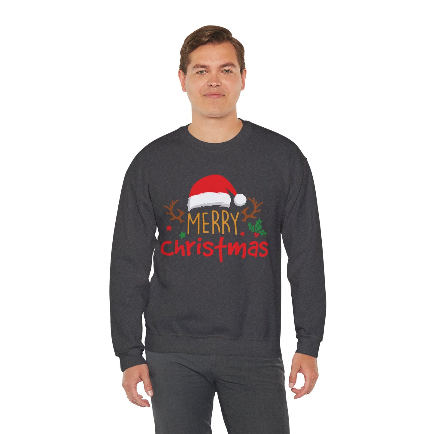 Merry Christmas Reindeer Crewneck – Santa Hat Holiday Unisex Sweatshirt, Festive Xmas Pullover