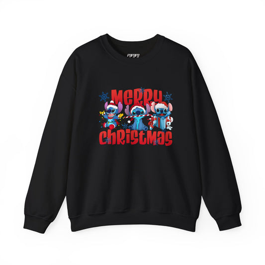 Merry Christmas Unisex Heavy Blend Crewneck Sweatshirt – Cute Blue Holiday Characters Sweater