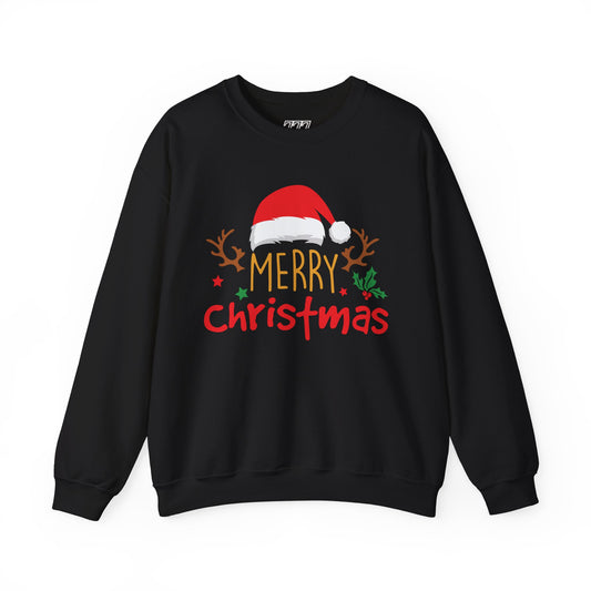 Merry Christmas Reindeer Crewneck – Santa Hat Holiday Unisex Sweatshirt, Festive Xmas Pullover
