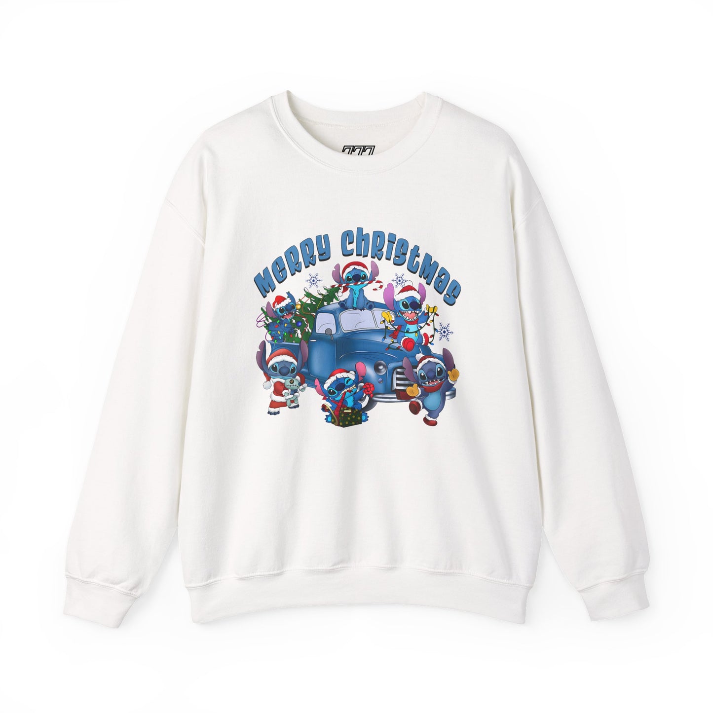 Merry Christmas Unisex Heavy Blend Crewneck Sweatshirt – Blue Christmas Truck & Cute Holiday Characters Sweater
