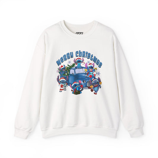 Merry Christmas Unisex Heavy Blend Crewneck Sweatshirt – Blue Christmas Truck & Cute Holiday Characters Sweater