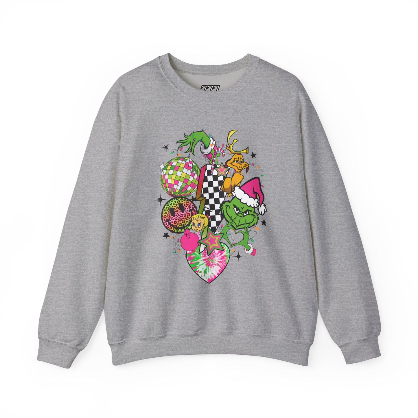 Grinchy Bells Christmas Crewneck – Neon Holiday Hearts & Grumpy Green Aesthetic Sweatshirt (Unisex)