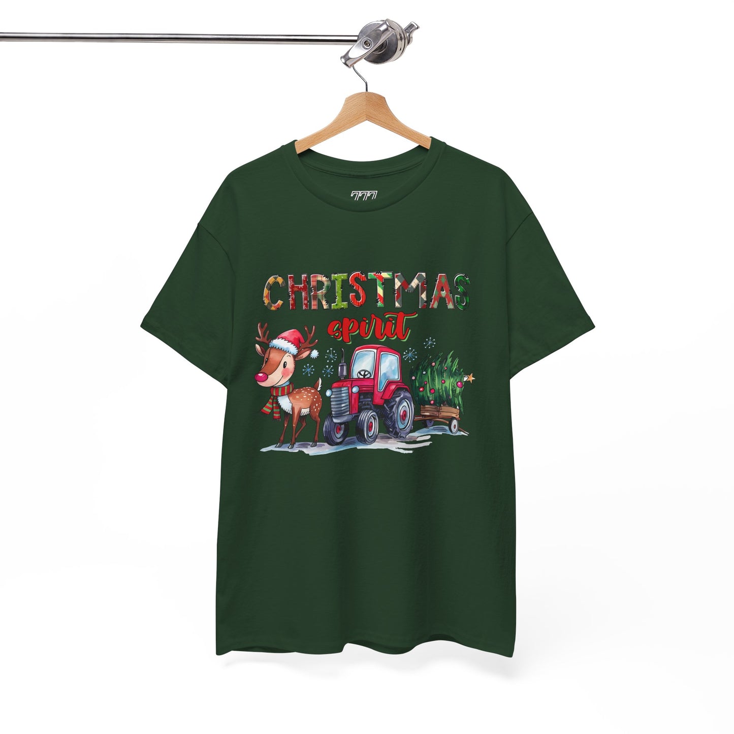 Christmas Spirit Unisex Heavy Cotton T-Shirt – Cute Reindeer & Red Tractor Holiday Tee