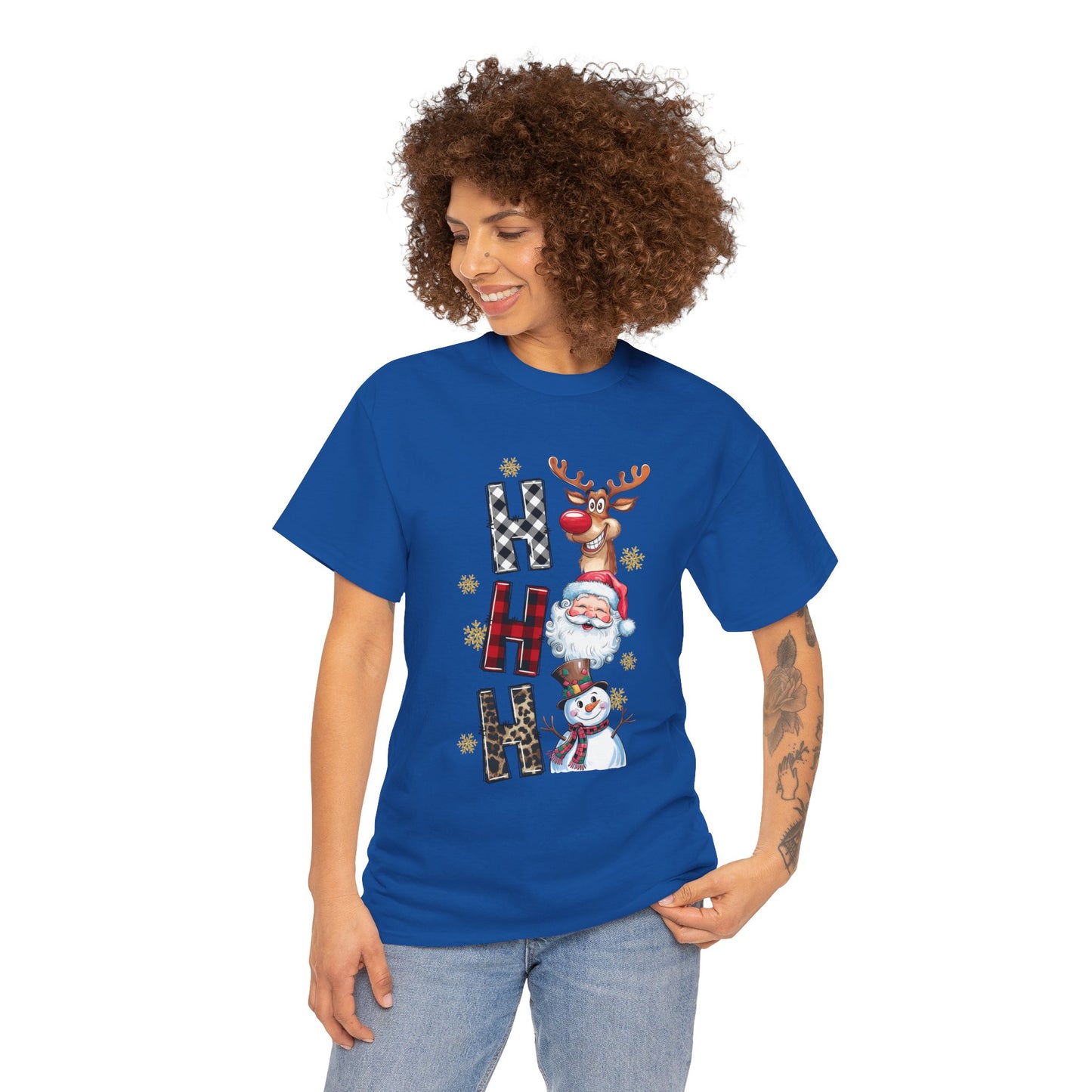 HO HO HO Christmas Unisex Heavy Cotton T-Shirt – Santa, Reindeer & Snowman Holiday Tee