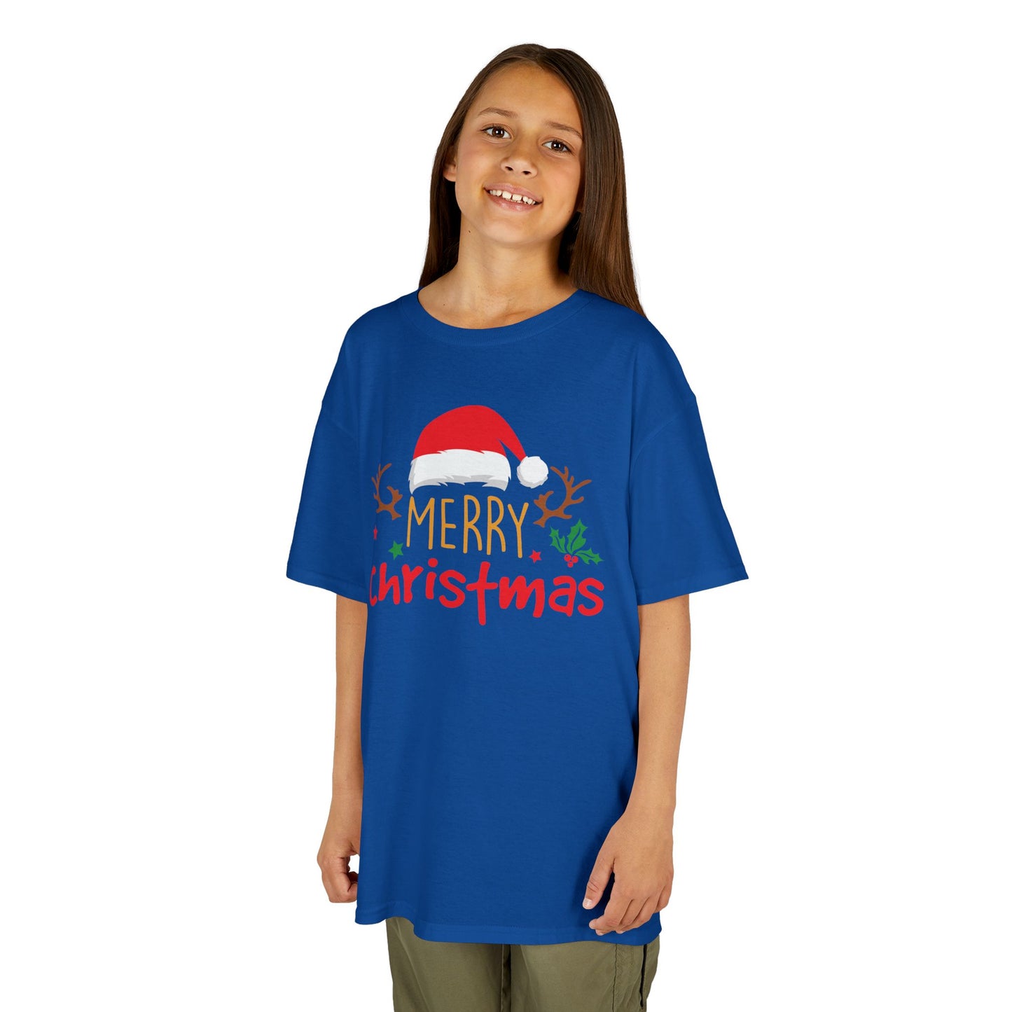 Merry Christmas Reindeer Kids T-Shirt – Cute Holiday Santa Hat Xmas Graphic Tee