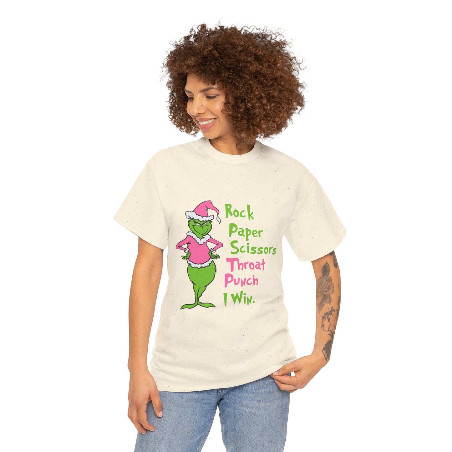 Rock Paper Scissors Throat Punch I Win Funny Christmas Grinch-Inspired Holiday Tee – Sarcastic Pink Santa Unisex Heavy Cotton T-Shirt