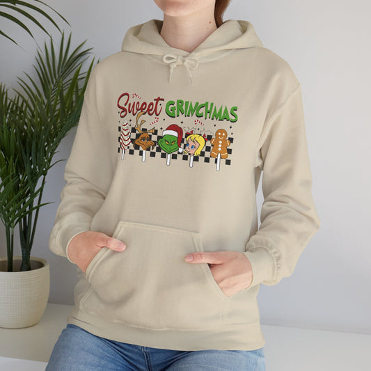 Sweet Grinchmas Candy Characters Funny Christmas Hoodie – Cute Holiday Treats Grinch-Inspired Unisex Heavy Blend Hooded Sweatshirt