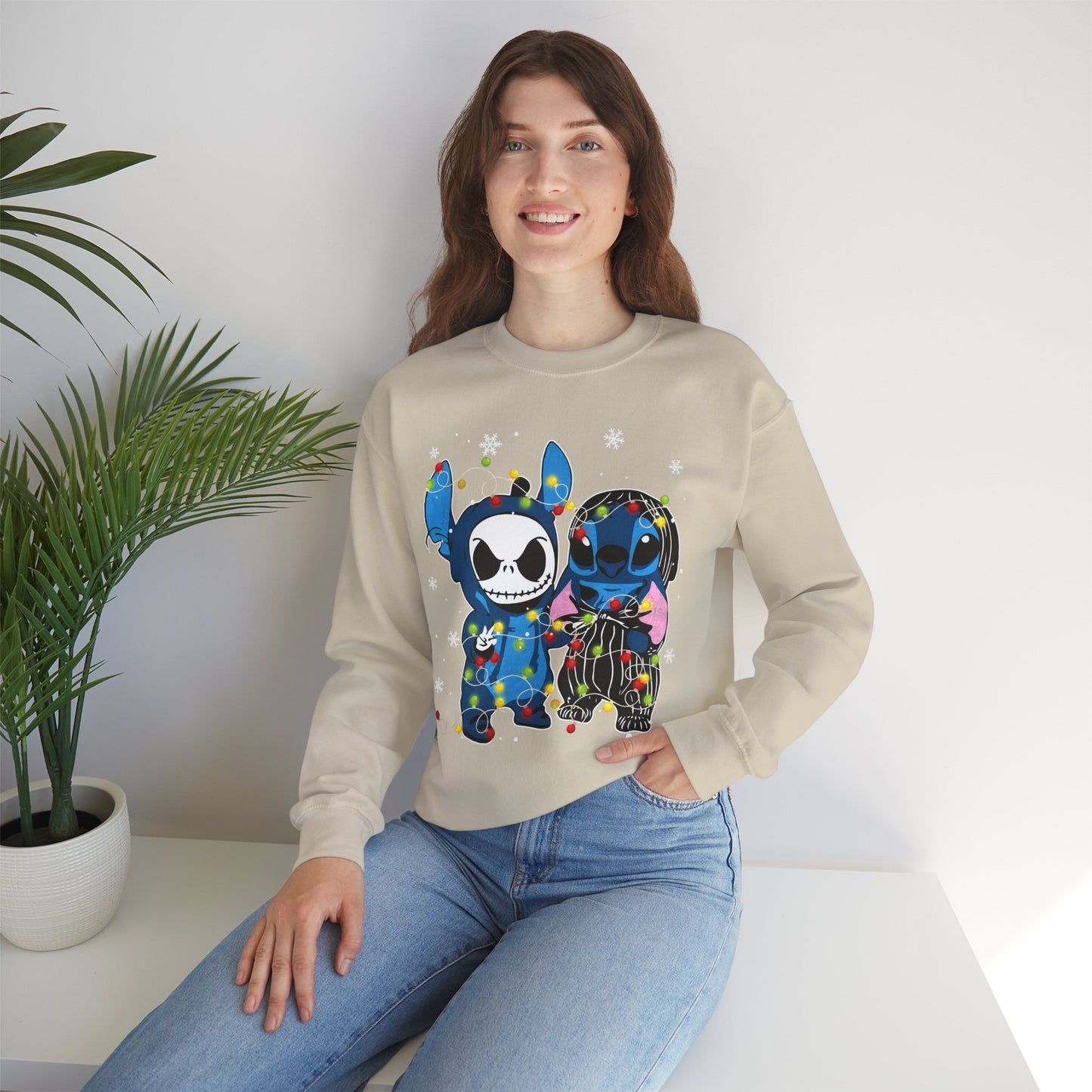 Cute Holiday Duo Christmas Unisex Heavy Blend Crewneck Sweatshirt – Cartoon Alien & Skeleton Festive Sweater