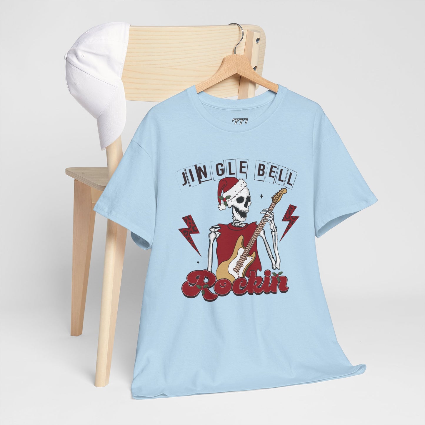 Jingle Bell Rockin’ Skeleton Christmas Rock Music Holiday Tee – Retro Guitar Santa Unisex Heavy Cotton T-Shirt