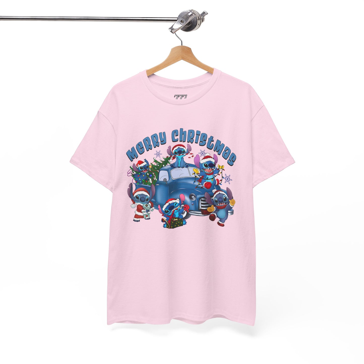 Merry Christmas Unisex Heavy Cotton T-Shirt – Blue Christmas Truck & Cute Holiday Characters Tee