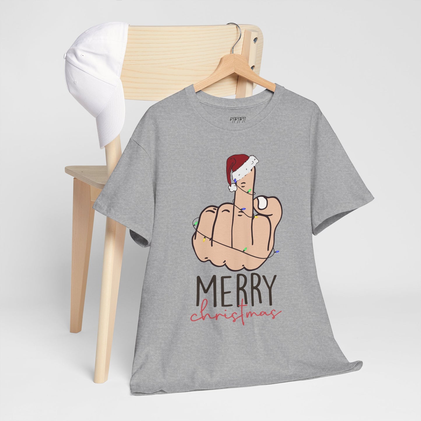 Merry Christmas Middle Finger Funny Adult Holiday Tee – Sarcastic Santa Joke Unisex Heavy Cotton T-Shirt