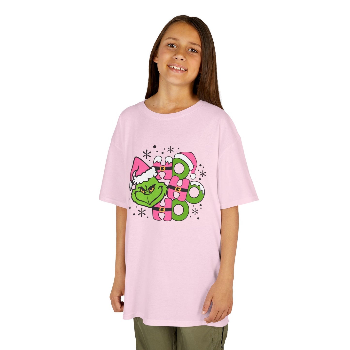 HO HO HO Cute Christmas Grinch-Inspired Kids Holiday T-Shirt – Pink Santa Festive Kids Heavy Cotton Tee