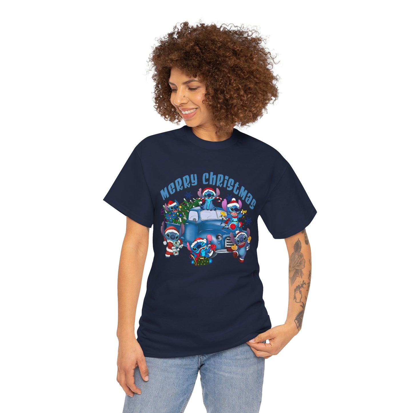 Merry Christmas Unisex Heavy Cotton T-Shirt – Blue Christmas Truck & Cute Holiday Characters Tee