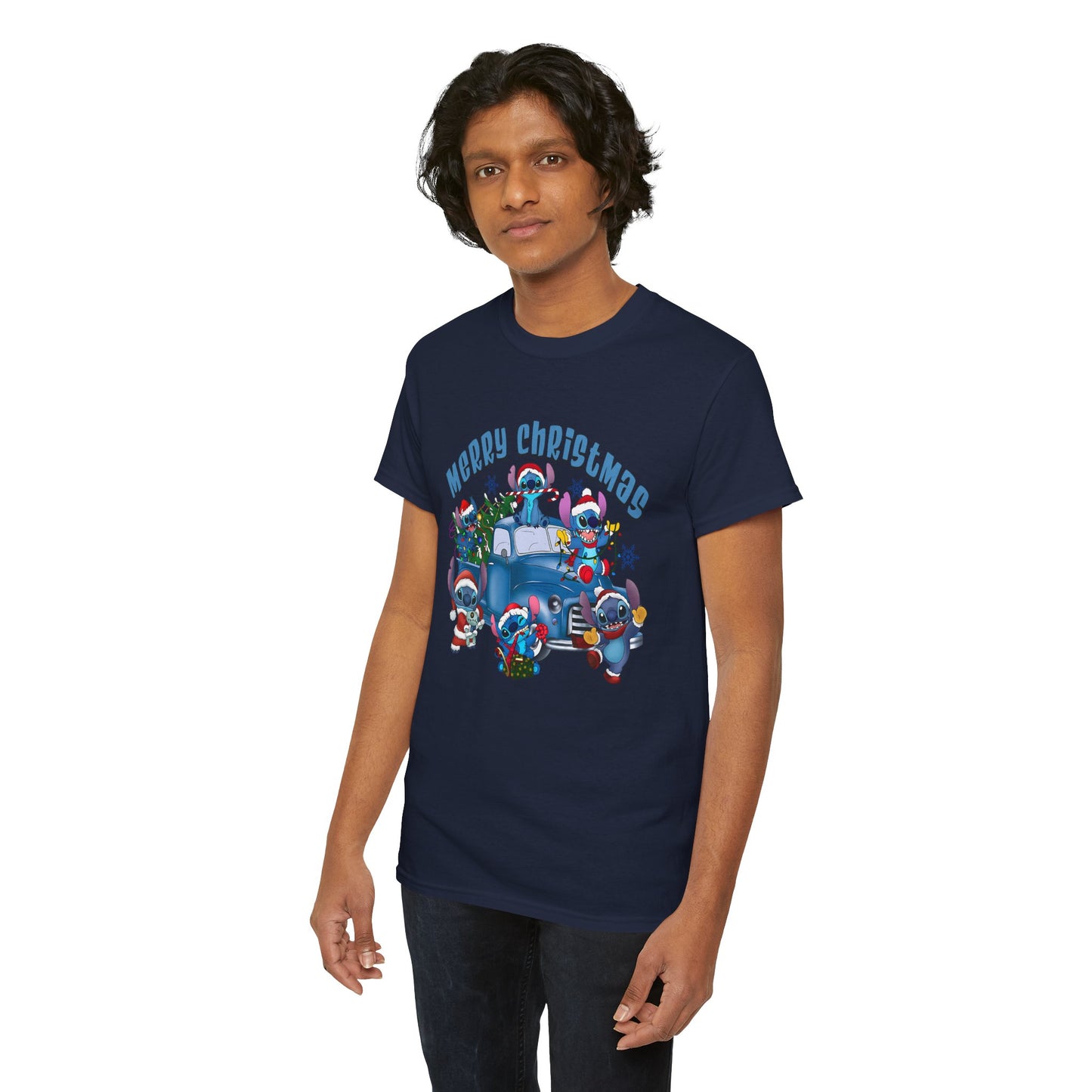 Merry Christmas Unisex Heavy Cotton T-Shirt – Blue Christmas Truck & Cute Holiday Characters Tee