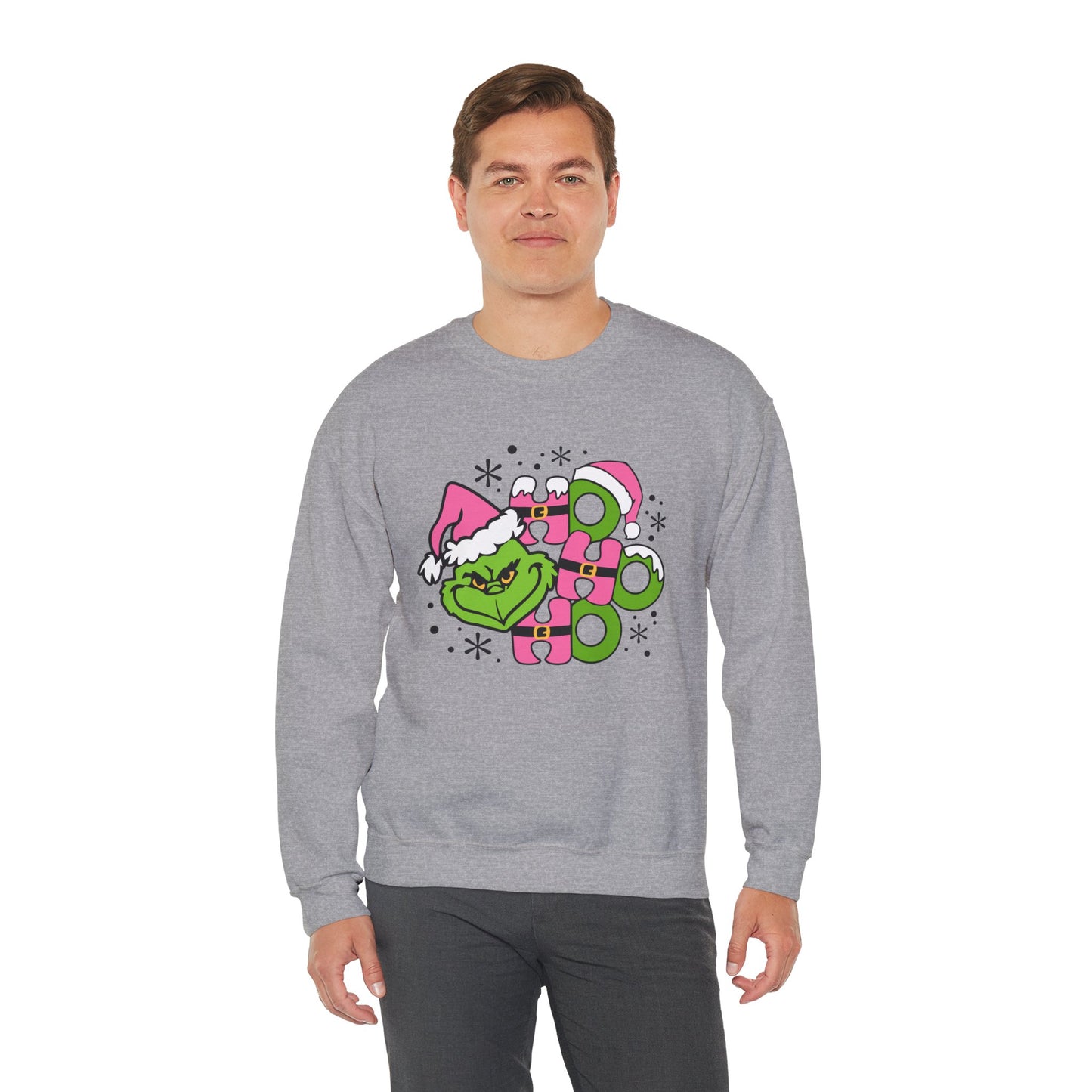 HO HO HO Funny Christmas Grinch-Inspired Holiday Sweatshirt – Cute Pink Santa Unisex Heavy Blend Crewneck