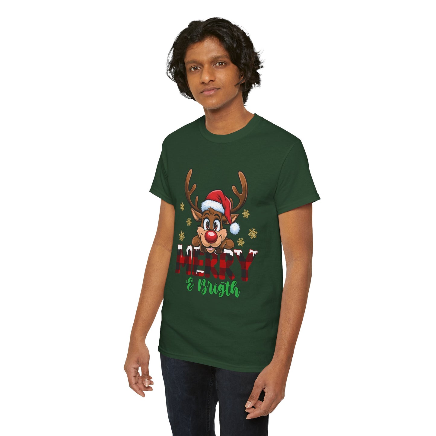 Merry & Bright Unisex Heavy Cotton T-Shirt – Cute Christmas Reindeer Holiday Tee