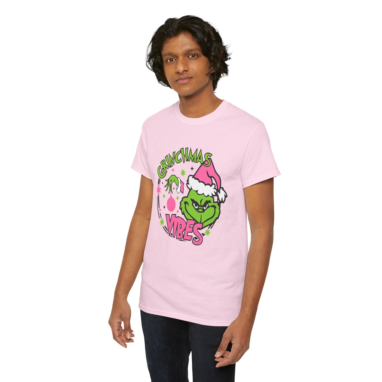 Grinchmas Vibes Funny Christmas Grinch-Inspired Holiday Tee – Pink Santa Festive Unisex Heavy Cotton T-Shirt