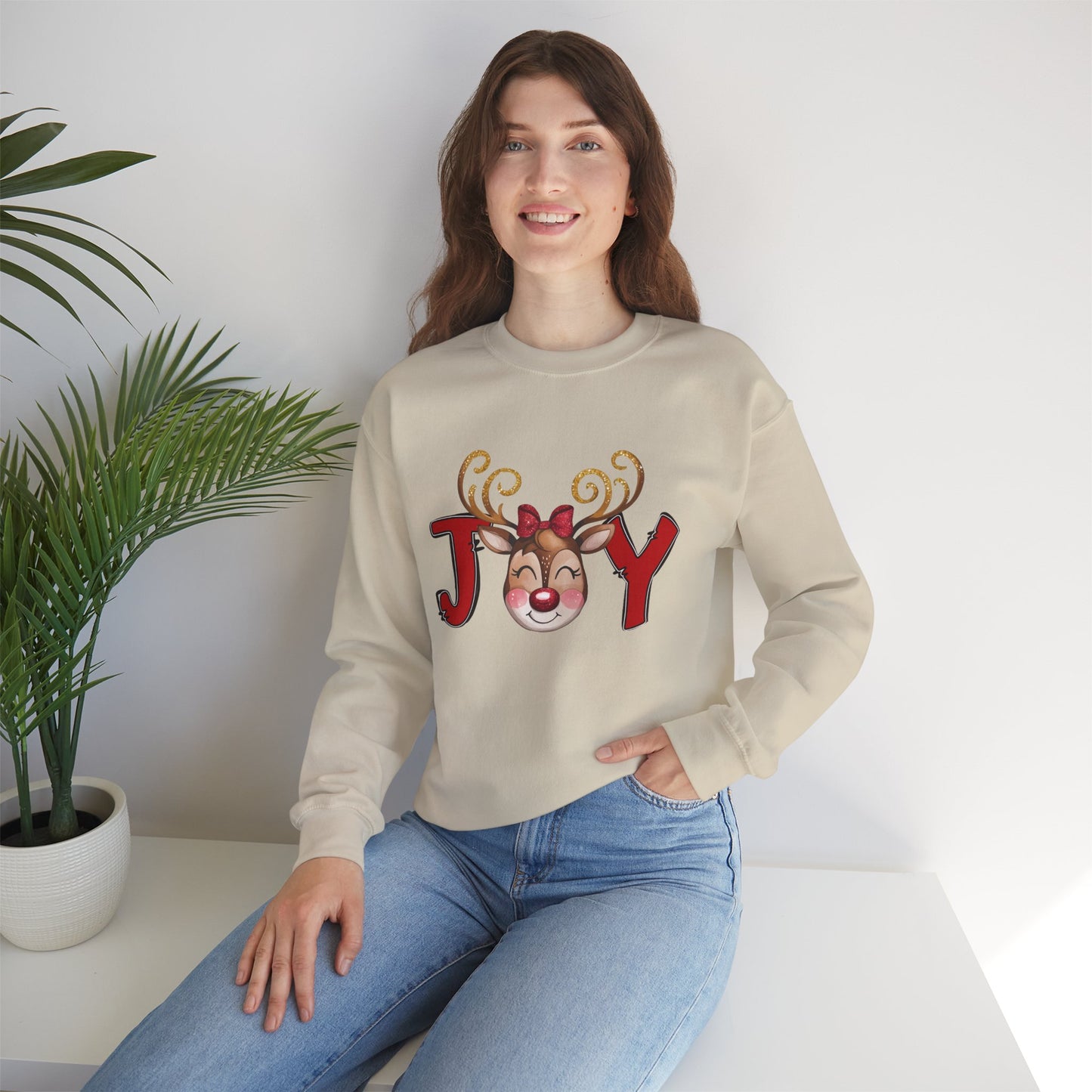 Reindeer Joy Women’s Christmas Crewneck Sweatshirt – Cute Holiday Reindeer Heavy Blend Sweater