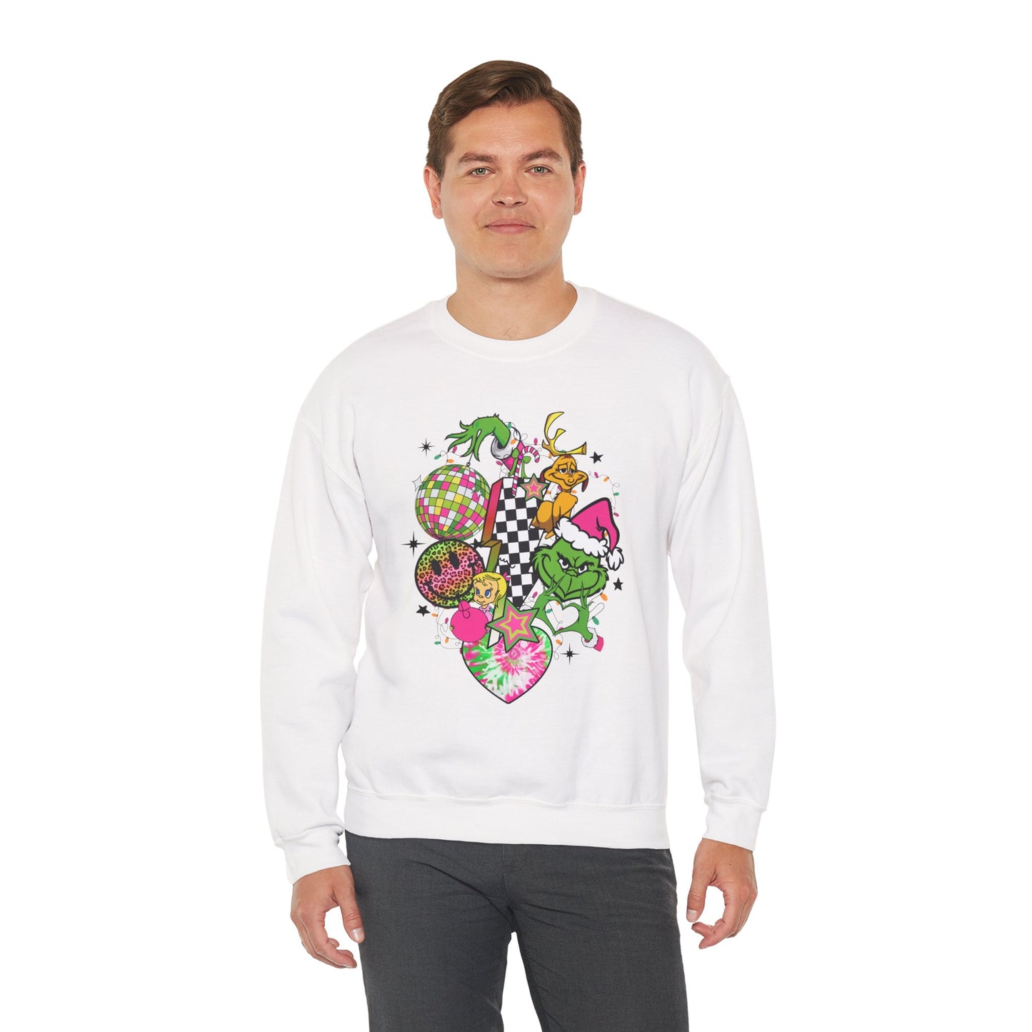 Grinchy Bells Christmas Crewneck – Neon Holiday Hearts & Grumpy Green Aesthetic Sweatshirt (Unisex)