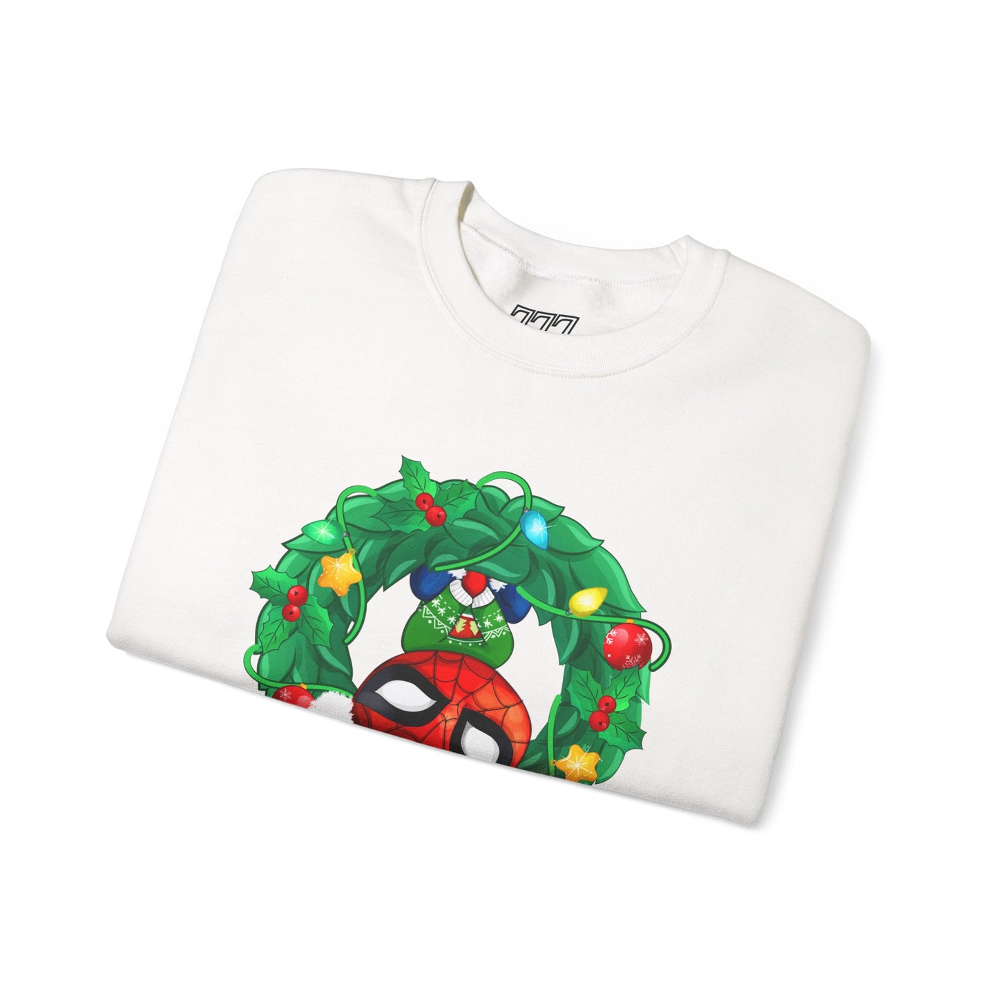 Spidey Wreath Christmas Sweatshirt – Superhero Holiday Lights Festive Unisex Heavy Blend Crewneck